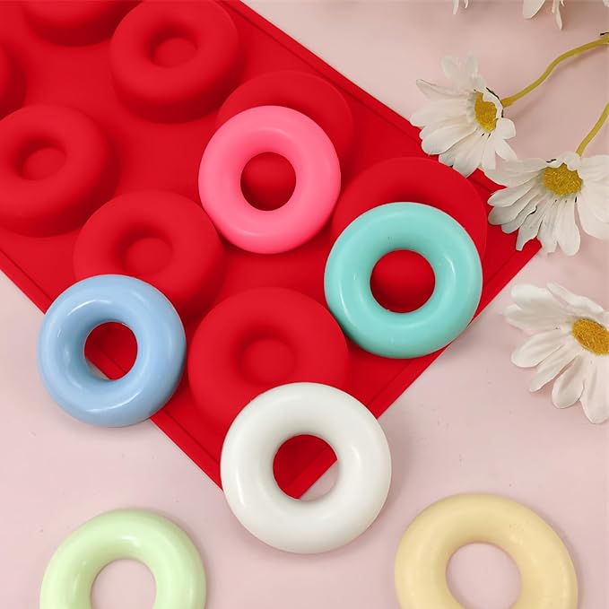 2er Pack Silicone Donut Mold - Non-Stick Silicone Doughnut Pan DIY Chocolate Baking Cookie Molds, Heat Resistant, Make Donut Cake Biscuit Bagels, BPA Free Dishwasher Safe (red, 8 Cavities)
