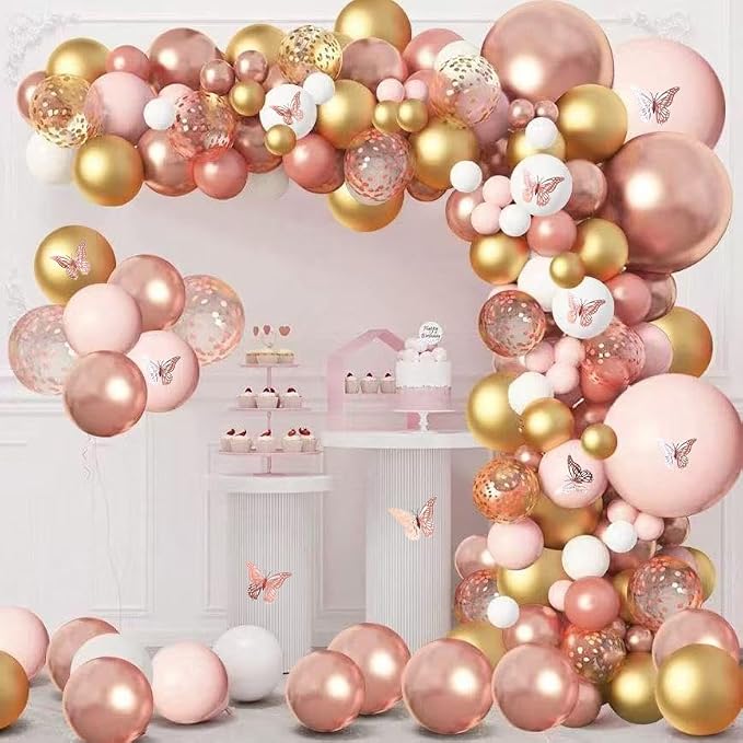 144Pcs Rose Gold Balloons Garland Arch Kit, Metallic Rose Gold Pearl White Confetti Balloons with 3D Butterfly Stickers for Birthday Wedding Baby Bridal Shower Party Engagement Decorations