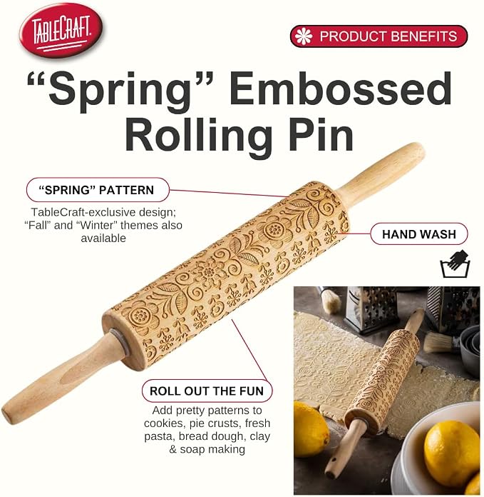 TableCraft Embossed Beech Wood Rolling Pin – 15.25 Inches, Spring Floral Imprint for Baking, Durable Wood Rolling Pin for Cookies, Pastries & Fondant, Elegant Carved Design, Handwash Recommended