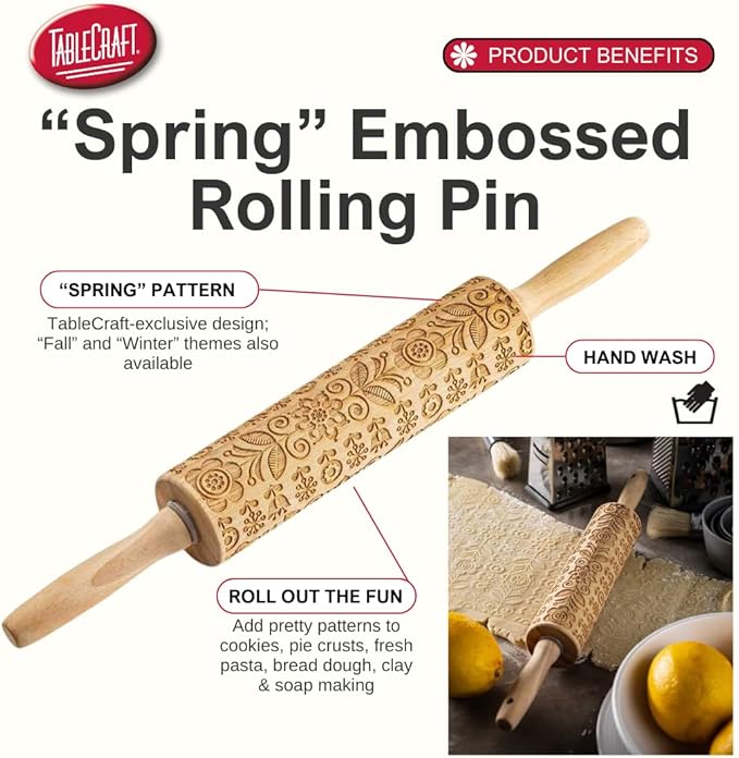 TableCraft Embossed Beech Wood Rolling Pin – 15.25 Inches, Snowflake Imprint for Holiday Baking, Durable Wood Rolling Pin for Cookies, Pastries & Fondant, Festive Carved Design, Handwash Recommended