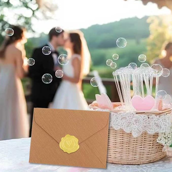 50 Pack 4x6 Brown Linen Envelopes with Gold Wax Seals - Handmade Look A6 Vintage Envelopes & Self-Adhesive Seal Stickers for Greeting Cards, love letter, Wedding, Party Invitation
