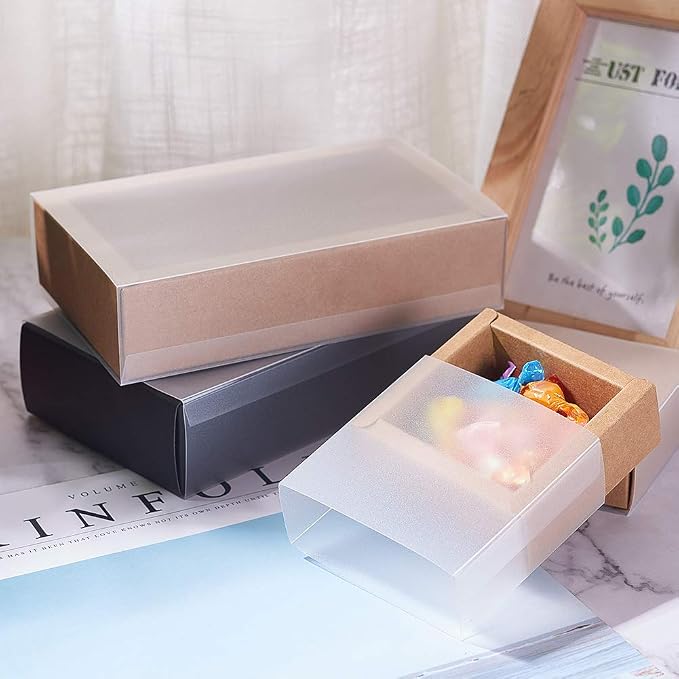 BENECREAT 12 Packs Large Black Kraft Paper Gift Box Rectangle Drawer Box with Clear PVC Windows 6.5x4x1.5 for Wedding Party Treats, Bakery, and Valentine's Gift Packaging