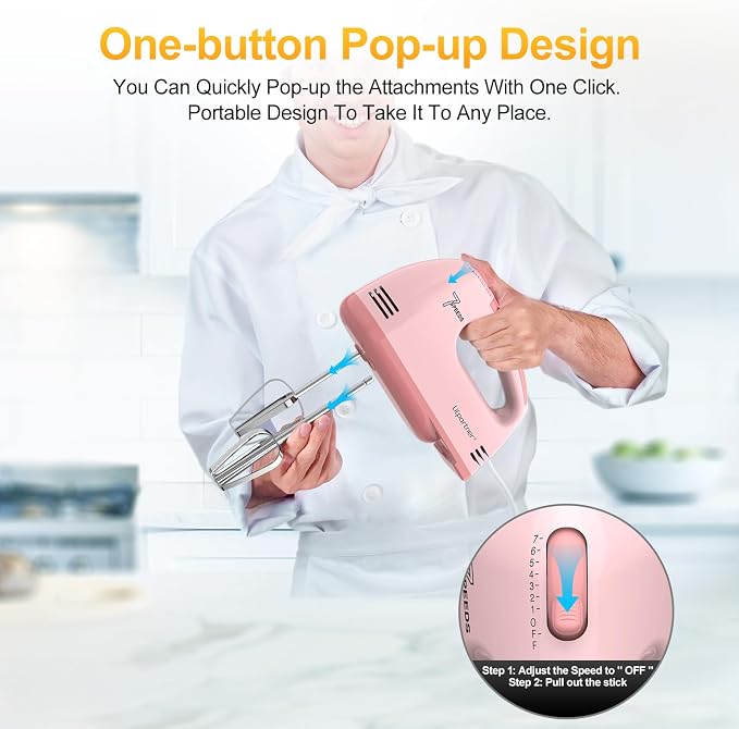 LILPARTNER Hand Mixer Electric, Ultra Power Kitchen Hand Mixer With 7-Speed & 5 Stainless Steel Accessories for Whipping Dough, Cream, Cake, Dishwasher Safe, Light Pink
