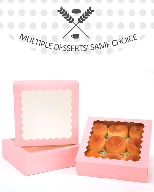 qiqee Auto-pop up Pink Bakery Boxes 50 Packs Pastry Box 8x8x2.5 inch Pie Boxes With Window