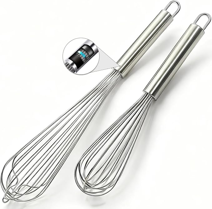 18/10 Stainless Steel Large Whisk Set of 2, 15.5 inch Heavy Duty Long Whisk and 12 inch Whisks, Suitable for Deep Pots or Big Bowl, Mixing, Beating, Blending