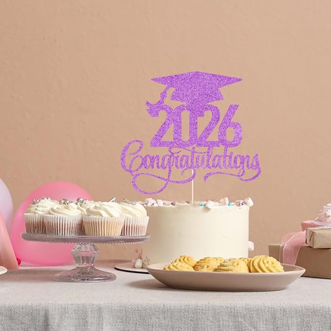 Glitter 2026 Congratulations Graduation Cake Topper,Congrats Grad Cake Decor - 2026 High School/College/Senior Graduation Party Decorations Supplies (2026Congratulations purple)