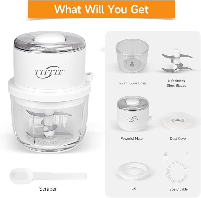 Electric Garlic Chopper, 350ML Glass Bowl Mini Food Processor, Portable Veggie Chopper Onion Garlic Grinder, Wireless Food Processor for Ginger, Chili, Fruit, Meat, etc