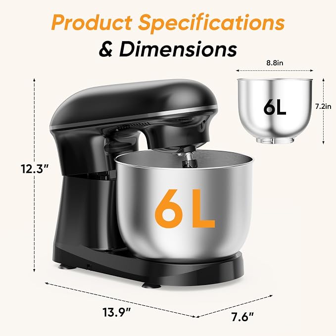 NEWBULIG Stand Mixer, Kitchen Aid Mixers Alternative, 300W 6.3Qt 10-Speed Electric Standing Mixer with Dough Hook, Whisk, Beater & Multi-Cover for Baking, Cakes and Home Cooking Needs