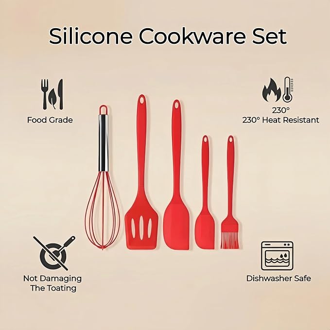 6-Piece Silicone Spatula Set, Heat Resistant Up to 230°C, Non-Scratch Non-Stick Cookware, Seamless One-Piece Design,with Pastry Brush for Baking Cooking Mixing (Red)