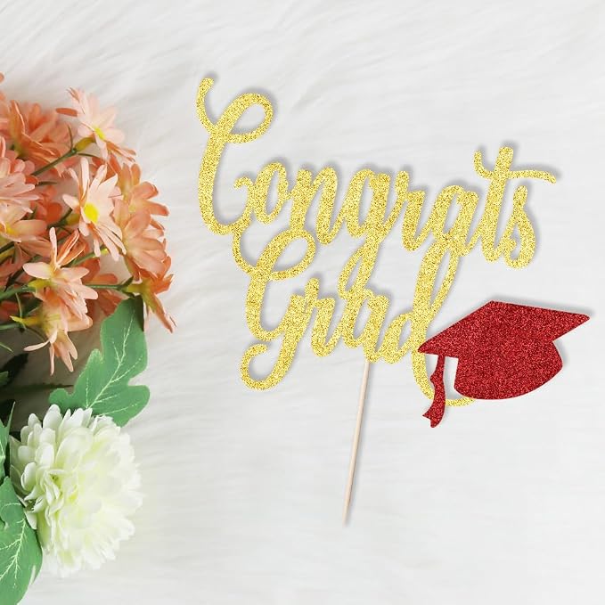 Congrats Grad Cake Topper,2026 Graduation Cake Topper, Congrats Grad Decorations,2026 High School/College/Senior Graduation Party Decorations Supplies. (Congrats Grad Gold red)