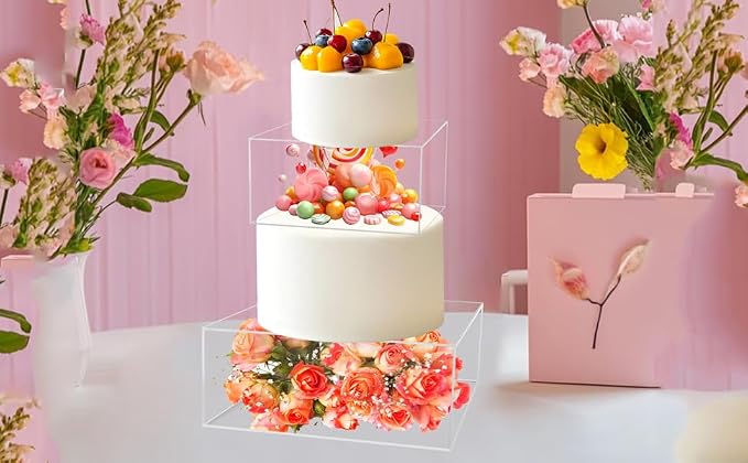2 PCS Acrylic Clear Cake Stand Square 6 /10 Inch Cake Display Stand with Lid Fillable Tier Box for Wedding Birthday Baby Shower Party (Square)