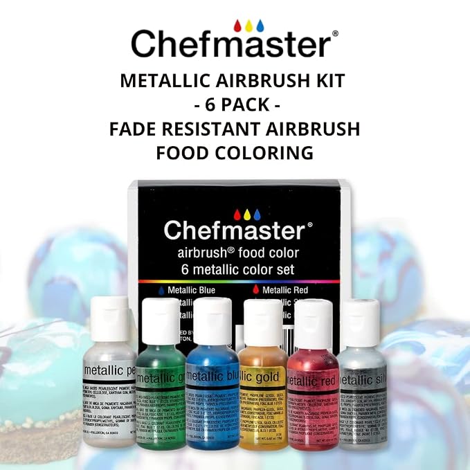 Chefmaster 6-Bottle Set of Metallic Airbrush Food Coloring, Rich Colors, Edible Glitter, Professional-Grade Dye for Icing, Frosting, Fondant, Chocolate, Made in USA, 0.67 oz Each