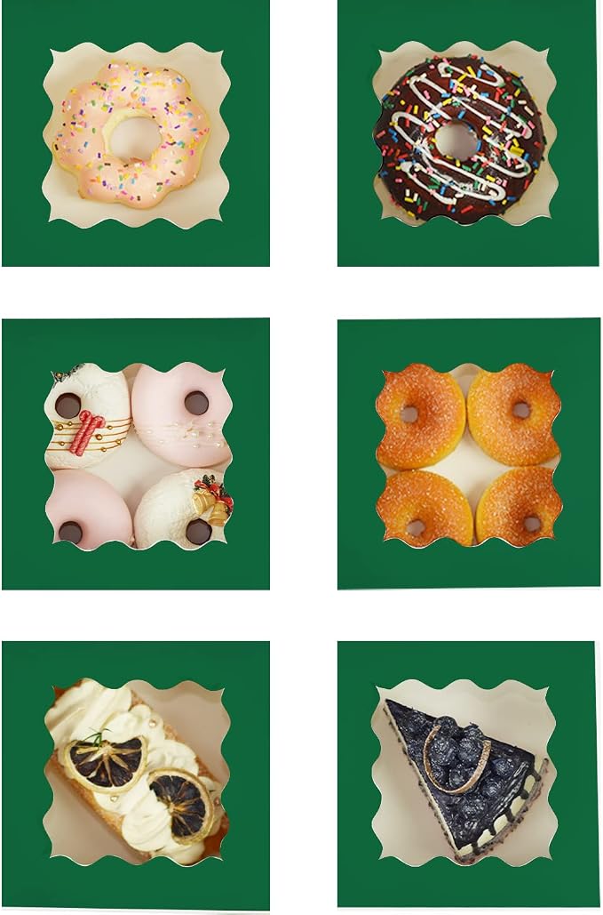 Bakepacker 60pcs Deep Green Cookie Boxes 6x6x3 inches Easy Assemble Macaroon Pastry Boxes Bakery Boxes with Window for Bakery