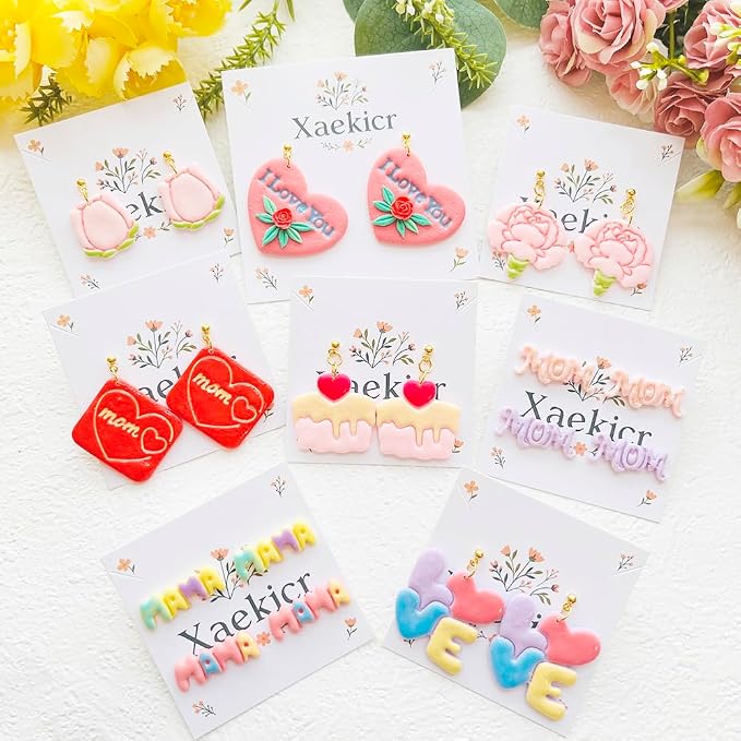 Mother’s Day Polymer Clay Cutters & Stamps Set - 10pcs Sharp & Durable Mom, MAMA, LOVE, Puzzle Heart, Envelope & Cake Shapes for DIY Earring Jewelry Making, Soft Clay Crafts & Holiday Supplies