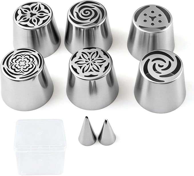 Russian Piping Tips Set, Stainless Steel Cupcake Flower Shaped Frosting Nozzle Kit with 6 Russian Piping Tip, 2 Leaf Piping Tip & Storage for Cake Decorating, Cupcake, Cookie