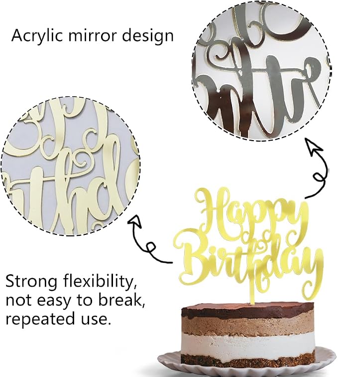 Happy Birthday Cake Topper- Glitter Happy Birthday Cake Decor, Handmade Anniversary/Birthday Party Supplies (Acrylic gold)