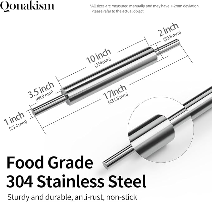 Rolling Pin (17 Inches) –304 Stainless Steel Roll Pins for Baking Pizza Dough Pie Cookie-Dough Roller& Smooth Construction - Essential Kitchen Utensil