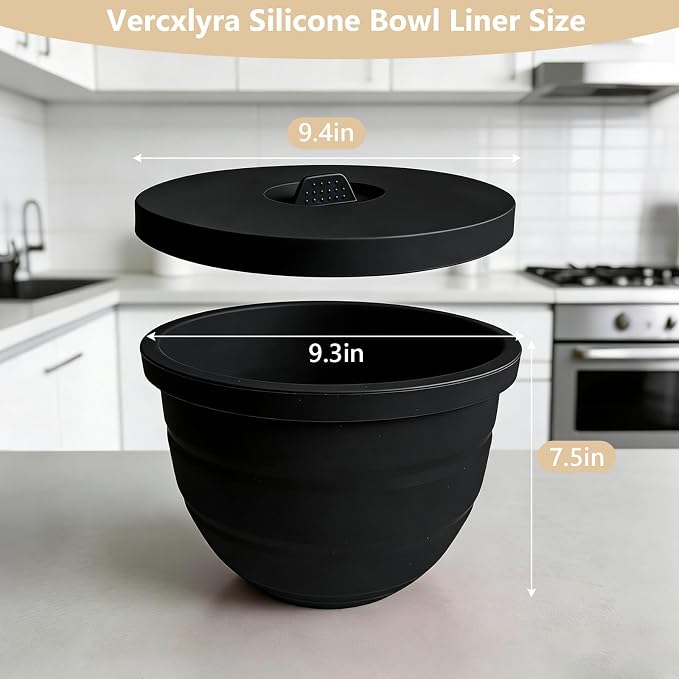 Silicone Mixing Bowl Liners Compatible with KitchenAid 5Qt Tilt-Head Stand Mixer, Food Grade Collapsible Bowl Inserts with Airtight Lids, Foldable & Reusable Mixer Accessories for Baking,Black