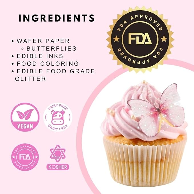 Edible Butterflies with Edible Glitter Kit - Wafer Paper Butterflies for Cakes - Cake Decorations - Cupcake Decorations - Cake Toppers (Rose Petal Pink)