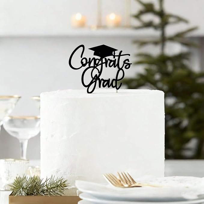 Acrylic Congrats Grad Cake Topper with Tassel Grad Cap-Congratulations 2026 Graduation Cake Decor-2026 High School/College/Senior Graduation Party Decorations Supplies (black)