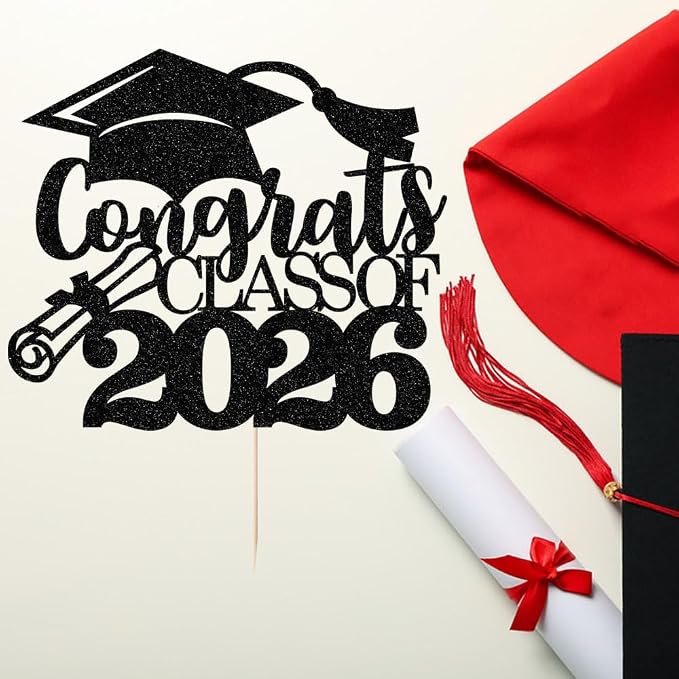 Congrats Class Of 2026 Cake Topper, Glitter Graduation Party Supplies - High School College Graduates -College Graduate Cake Topper Decorations Supplies(Congrats Class Of 2026 black)
