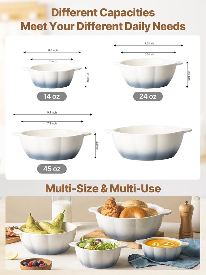 14/24/45 Oz Soup Bowls, Ceramic Kitchen Bowls for Fruit, Snack, Cooking, Baking, Prepping etc, Ramekins Oven Safe, Serving Bowls with Handles, Food Storage Containers Set of 3
