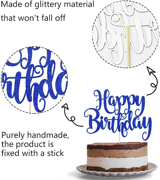 Happy Birthday Cake Topper- Glitter Happy Birthday Cake Decor, Handmade Anniversary/Birthday Party Supplies (Deep blue)