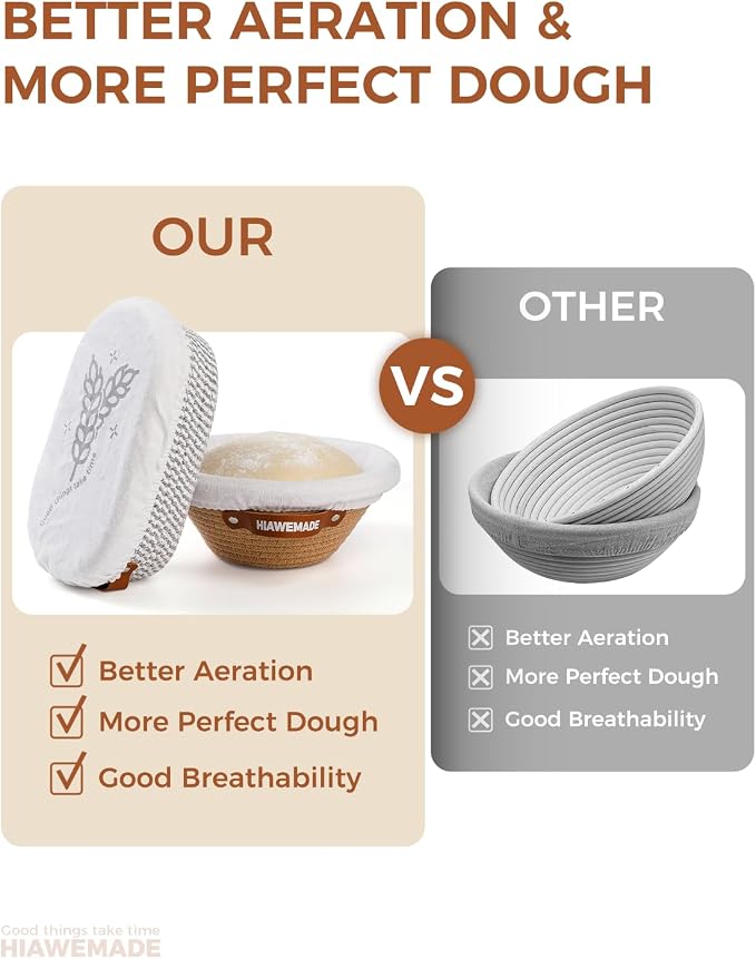 Banneton Bread Proofing Basket, Natural Cotton Rope Bread Baskets with Reusable Liners & Dust Covers, Artisan Sourdough Bread Baking Supplies, 9'' Round & 10" Oval