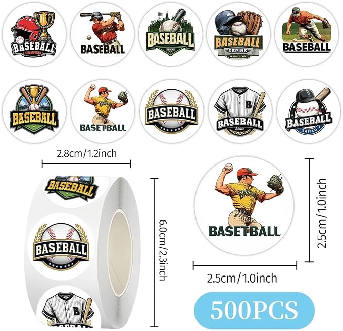 Baseball Stickers Roll, 500pcs 1inch Round Sports Stickers Waterproof Vinyl Baseball Decals for Party Favors Envelope Seals Water Bottles Scrapbooking Classroom Rewards