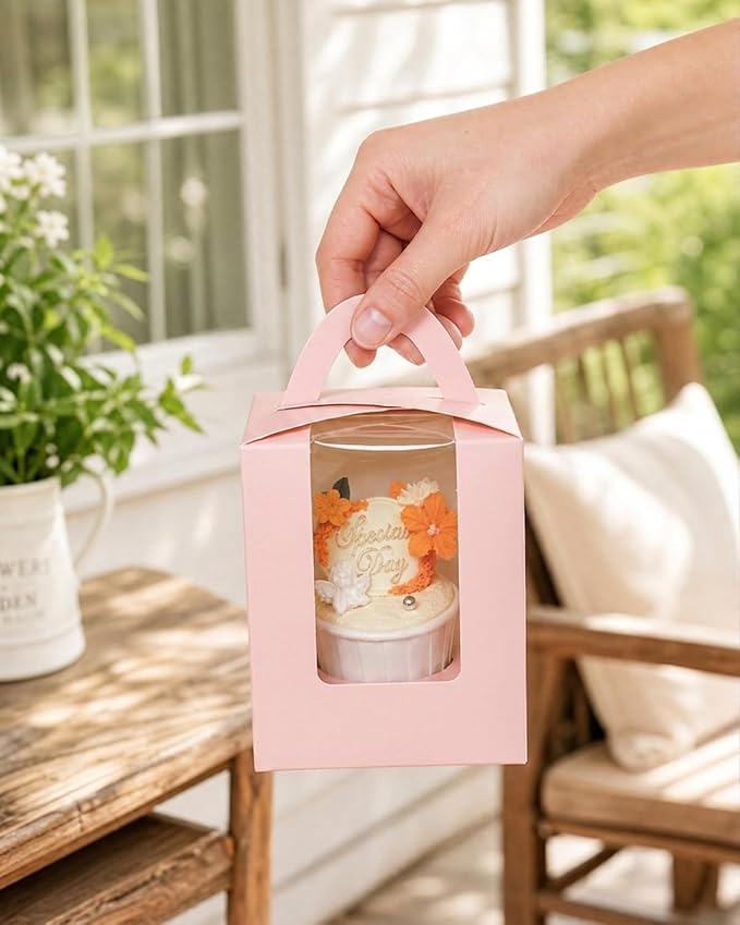 Bakepacker Individual Cupcake Boxes with Window 100 Count Pink Single Cupcakes Box 3.6"X3.6"X4.3" Cupcake Carrier