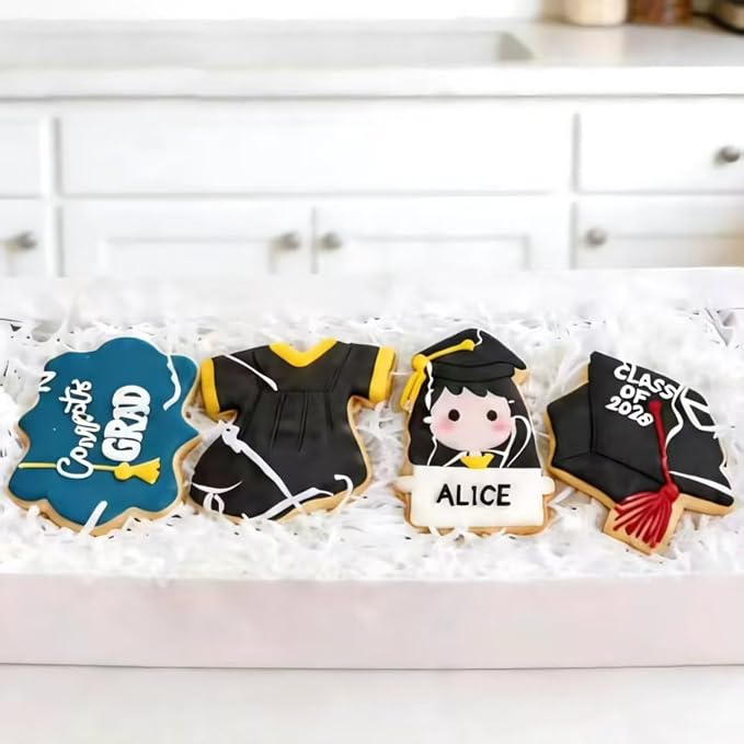 MrCookie Large Graduation Cookie Cutters,4in,6pc,Thickened Stainless Steel. | Sturdy stainless steel.6 shapes: bachelor(M/F),cap,gown,diploma,frame.For cookies,fruit,fondant,cake.2026 grad.