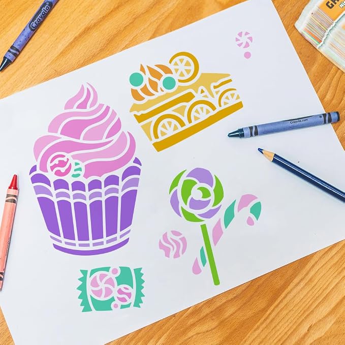 1 Piece Candy and Cake Craft Art Stencil, 11.8"x11.8" Dessert and Ice Cream Plastic Reusable Stencil for Wood Burning, Paint Template for Painting on Wall, Wood, Fabric Canvas, Furniture