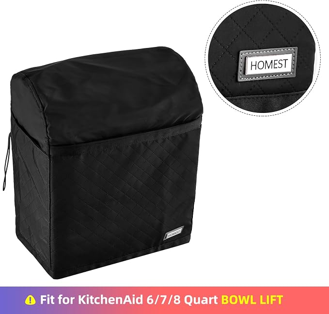 HOMEST Stand Quilted Mixer Cover with Zip Pocket for Kitchen Accessories | Fits KitchenAid 6/7/8 quart mixers, zipper pocket stores attachments and kitchen accessories, Black