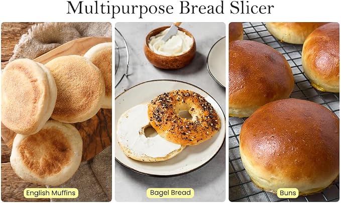 Bamboo Bagel Slicer w/Two Plastic Inserts & Non-Slip Silicone Pad - Adjustable Cutter Holder for Small & Large Bagels - Moisture Resistant & Thick Base