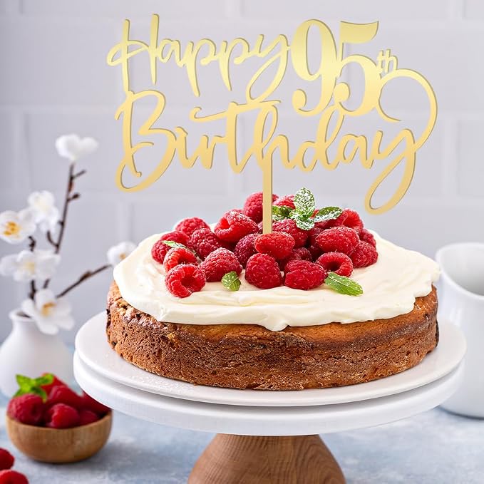 Happy 95th birthday cake Topper,Mirrored Gold Acrylic Durable Cake Topper,95th Birthday Party Cake Decorations,Hello 95th years old, Happy ninety-five years old, Birthday Party Decorations