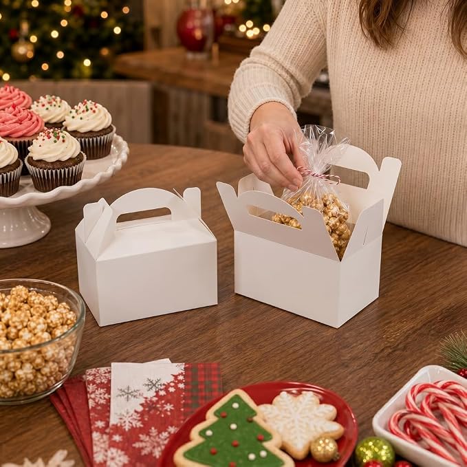Aosric Small White Gable Boxes 3.5 x 3.5 x 6.3 In, 30 Pack | Premium Cardstock Party Favor Boxes with Handles for Wedding, Baby Shower, Bakery, Cookies, Treats & Retail Packaging