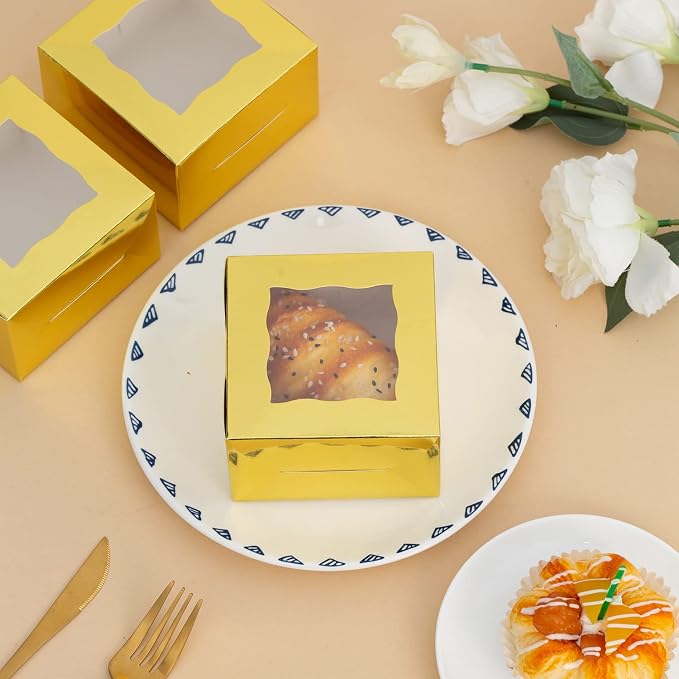 100Pcs Paper Cookie Boxes With Window Small Bakery Boxes 4x4x2.5 Inches Mini Cake Boxes For Pastries,Cupcakes,Desserts,Donuts,Chocolate Strawberries,Candy,Treat Boxes(Gold)
