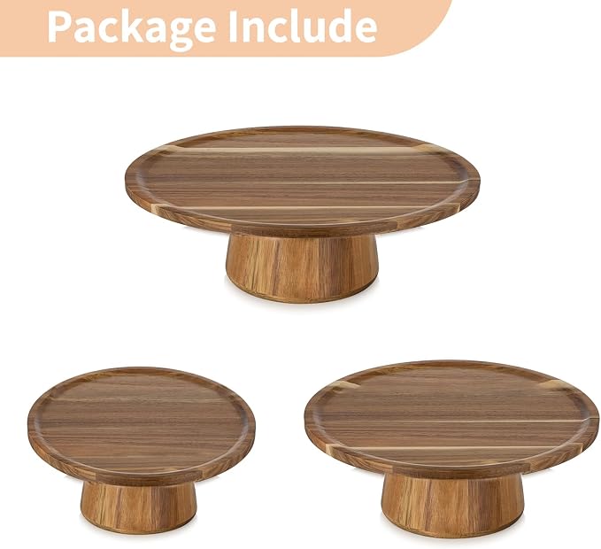 NUPTIO Wood Cake Display Stand Set of 3:4 in 1 Multifunction Cake Plate Serving Bowl Chip & Dip Tray Nut Dish Acacia Wood Cupcake Holder for Wedding Birthday Tea Party Gift for Baking Enthusiasts