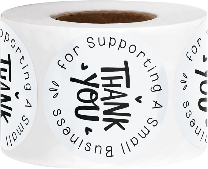 WRAPAHOLIC 2 Inch 500 Total Business Stickers Sheet Roll - Black White Small Business Text Design, Thank You Lables, Shipping Stickers for Party Decorations