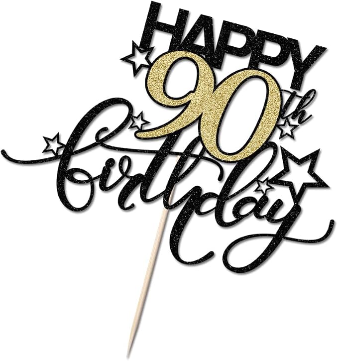 Happy Birthday Cake Topper,Black font Golden Numbers 90th Birthday Cake Decoration,Hello 90, Cheers to 90Years/90th Anniversary ,90& Fabulous Party Decoration