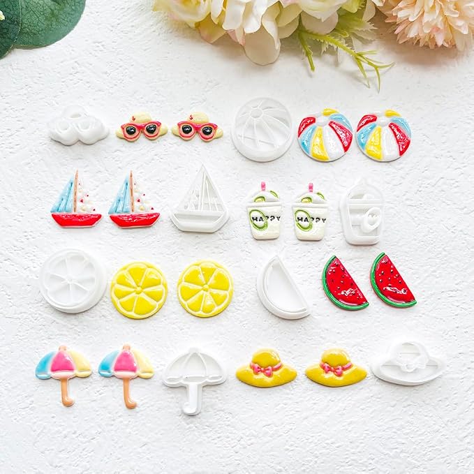 Summer Beach Polymer Clay Cutters Set Vacation Shapes Including Watermelon, Lemon, Sailboat, Surfboard & Beach Ball for DIY Earring Jewelry, Soft Clay Crafts, Scrapbooking & Miniature Decor