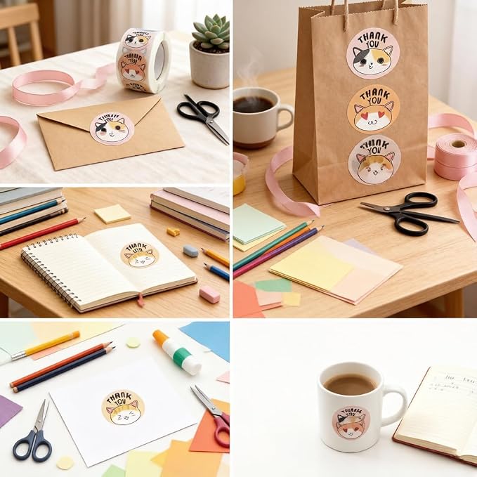BLESS-VAST 500 PCS Thank You Stickers for Small Business - 1 Inch Cat Decal Envelope Seal 8 Designs Vibrant Colors Labels for Baking Packaging Gift Bags Wraps Crafts (Colorful Cat)