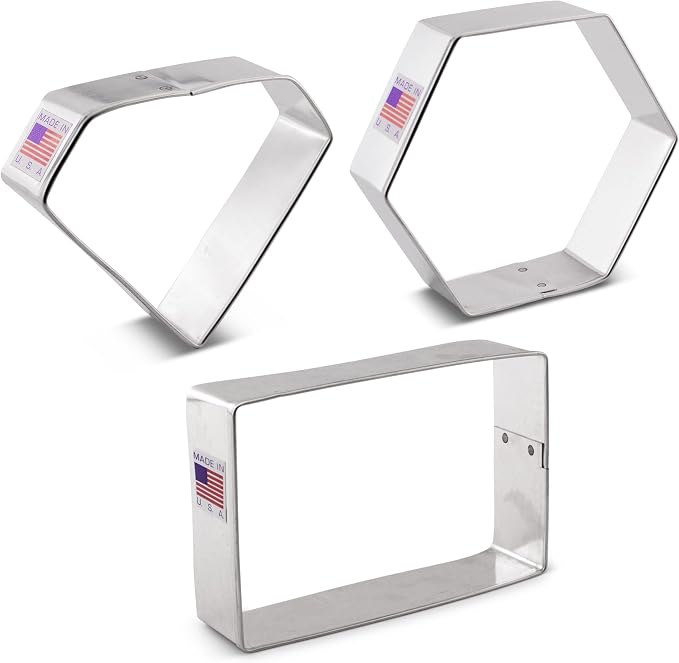 Geometric Shapes Cookie Cutters 3-Pc. Set Made in the USA by Ann Clark, Rectangle, Hexagon, Gem