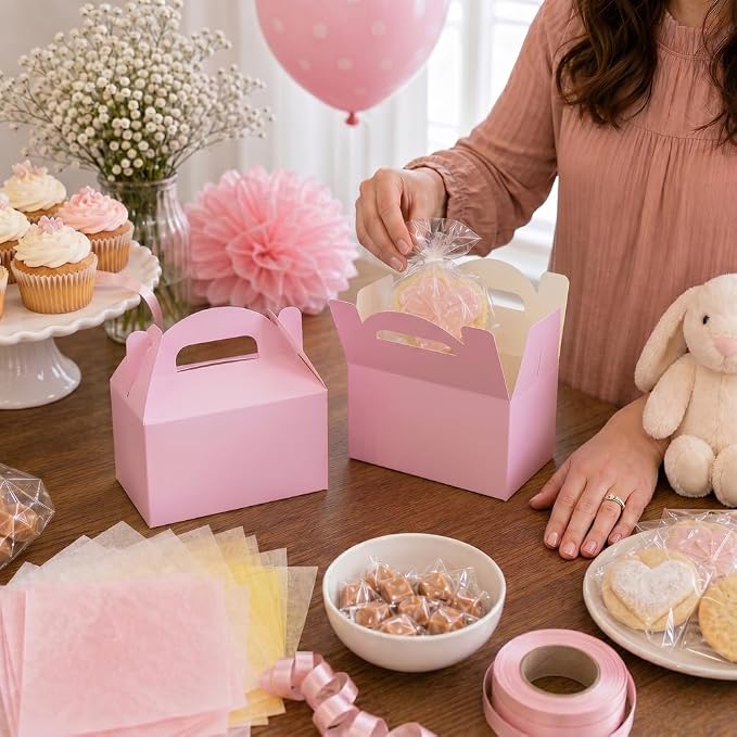Aosric Small Pink Gable Boxes 3.5 x 3.5 x 6.3 In, 30 Pack | Premium Cardstock Party Favor Boxes with Handles for Baby Shower, Birthday, Bridal Shower, Candy, Cookies & Party Gifts