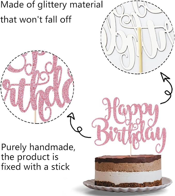 Happy Birthday Cake Topper- Glitter Happy Birthday Cake Decor, Handmade Anniversary/Birthday Party Supplies (pink)