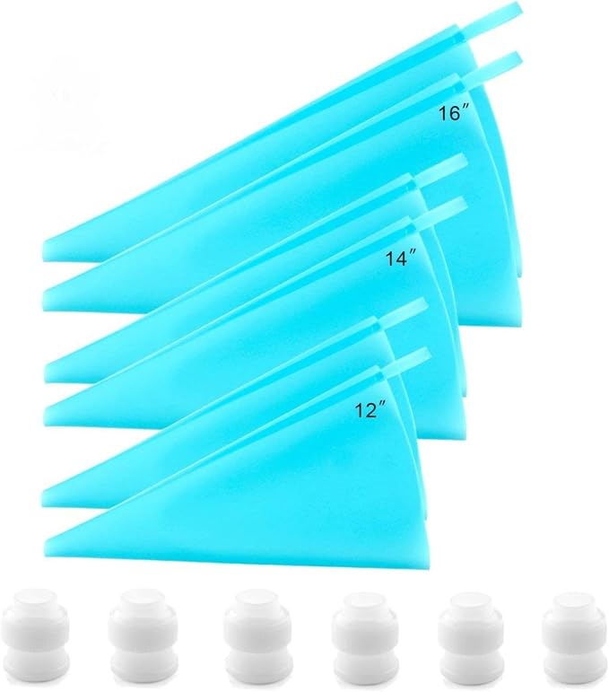 Joyeee Reusable Piping Bags and Couplers Set, 6 Pack Anti Burst Frosting Silicone Piping Bags Baking Supplies Cake Cupcake Decorating Tools Kit, 6 Couplers for Piping Bags, 3 Size 12” 14” 16”