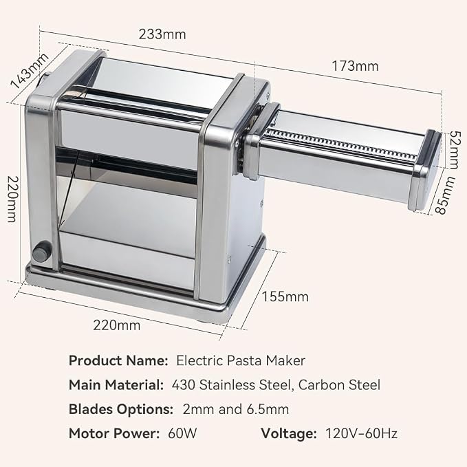Domestic Electric Pasta Maker Automatic Stainless Steel Noodle Machine with Adjustable Dough Roller/Cutter for Home Handmade Spaghetti, Fettuccini, Lasagna, Pie Crust, Dumpling, Wonton