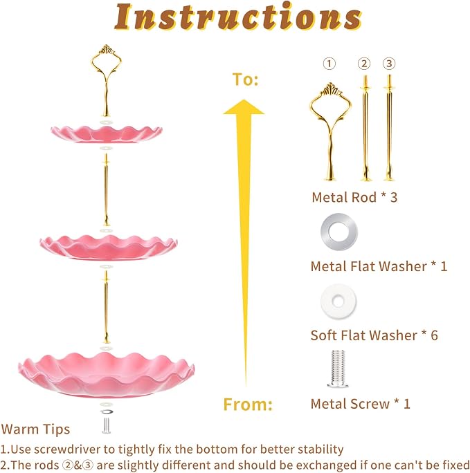 3 Tier Cupcake Stand Holder, BACUTHY Plastic Cup Cake Stand Tower with Tiered Serving Tray for Cupcakes, Donuts, Fruits and More, Pink