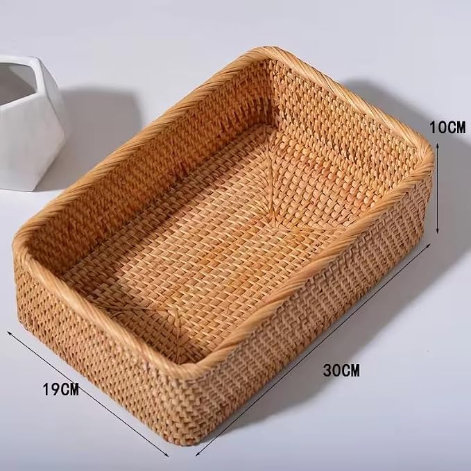 3 Sizes Rectangular Rattan Storage Baskets Handmade Woven Nesting Wicker Baskets for Decor Fruit Tray and Snack Storage Box (Small Basket)