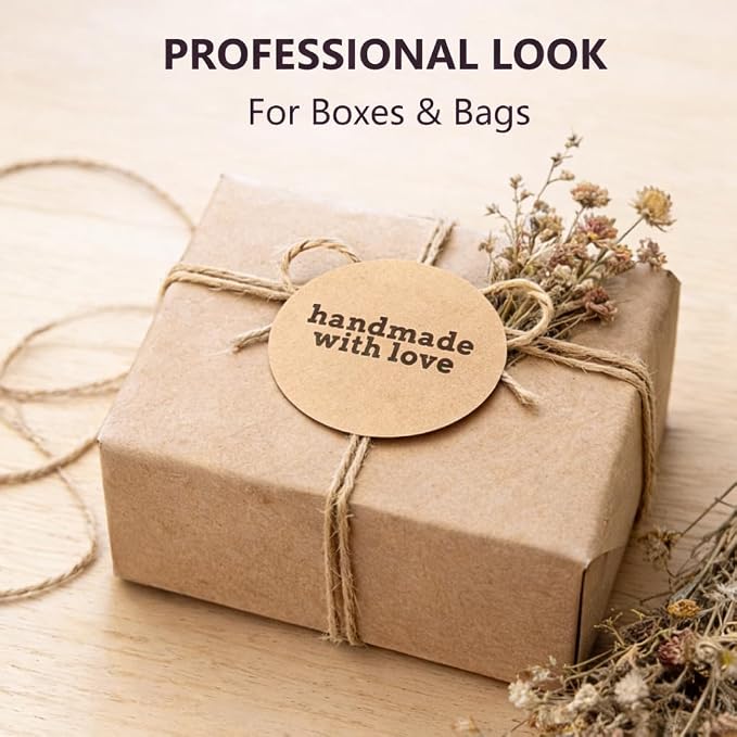 Handmade with Love Stickers, 2 Inch Round Kraft Paper Packaging Seals, 100 Count, Strong Adhesive Labels for Small Business, Gifts, Envelopes and Bakery Packaging